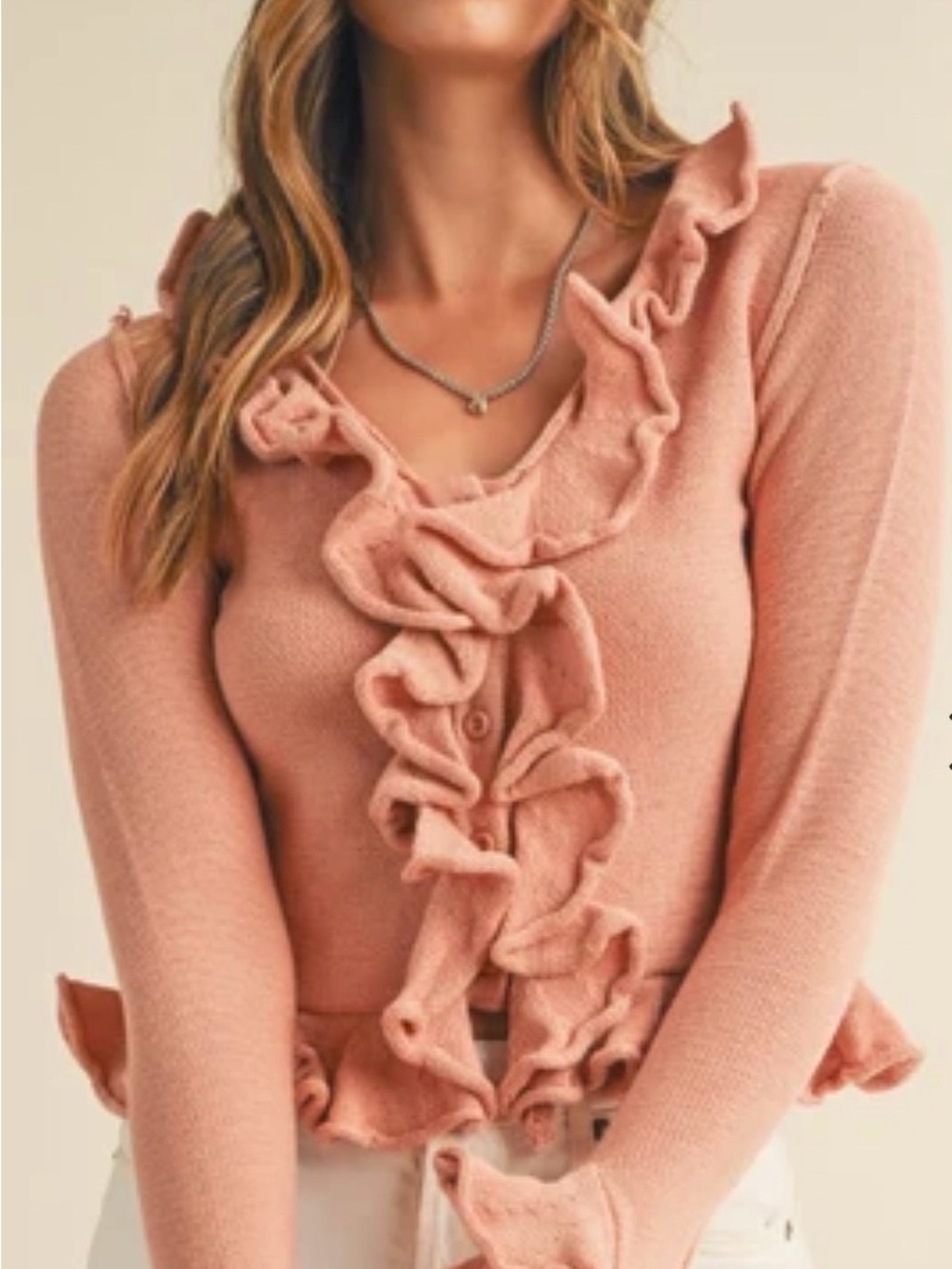 VENUS Pink Ruffled V-Neck Sweater - Picture 3 of 3